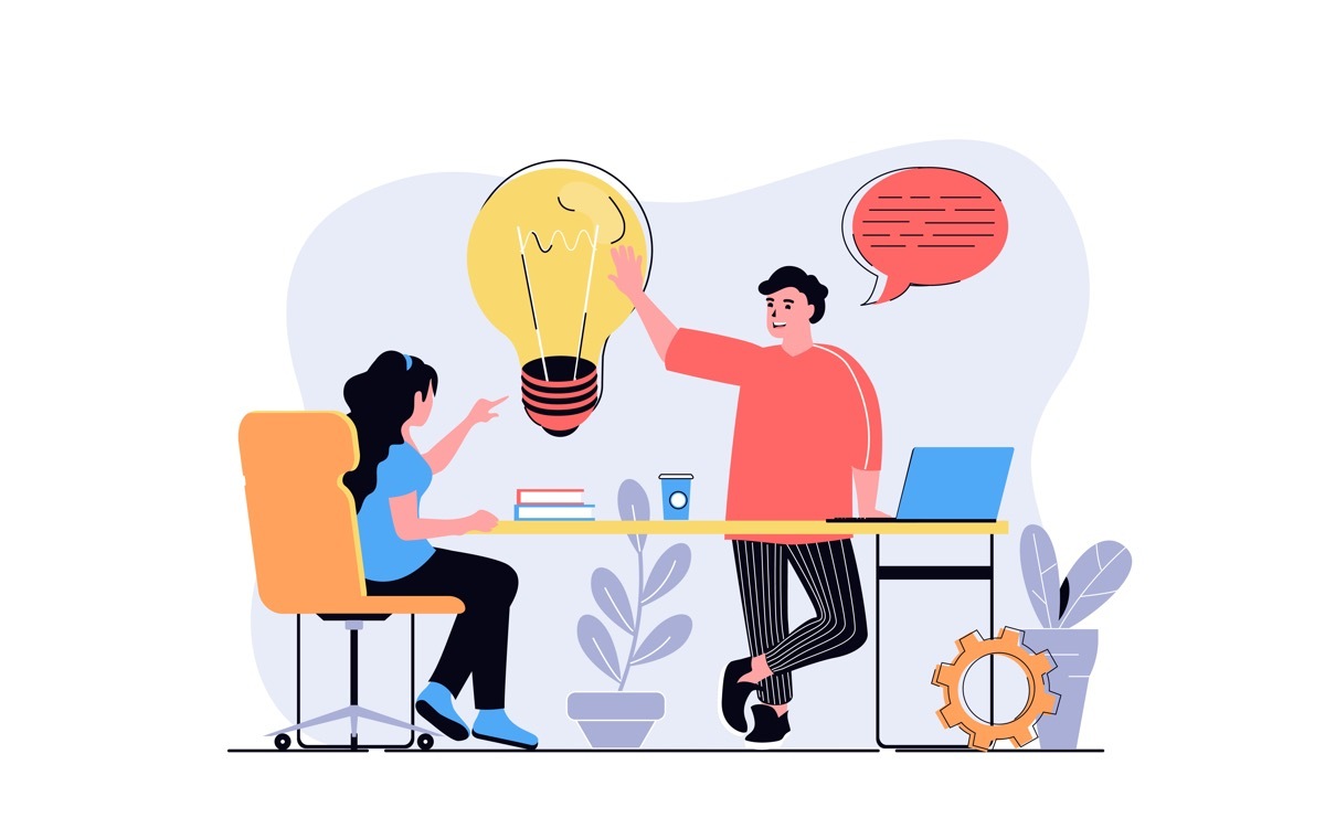 会話する男女　電球