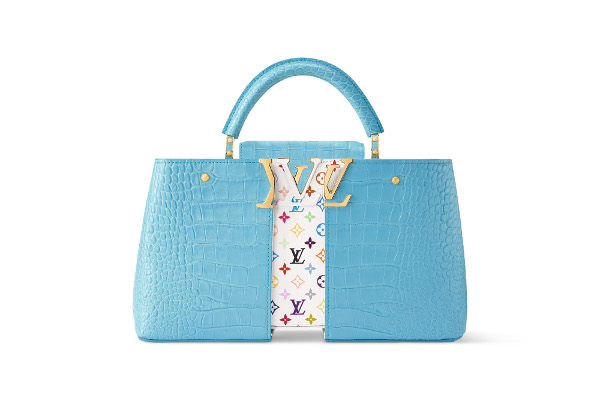 水色のクロコとマルチカラーのモノグラムの組み合わせ