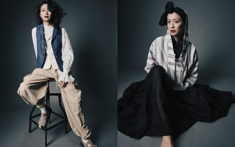 新作のアラジンパンツ、メキシカンパーカーとスリーブレスドレスを着用した女性