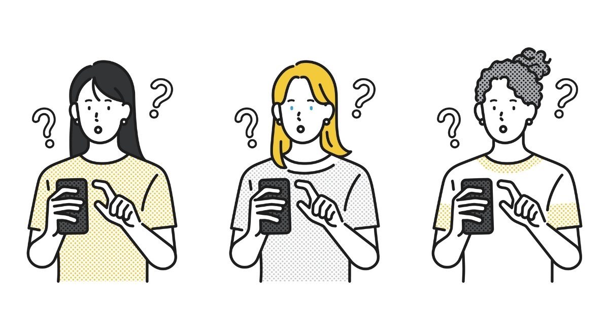 スマホを見てはてなマークを出している女性3人のイラスト