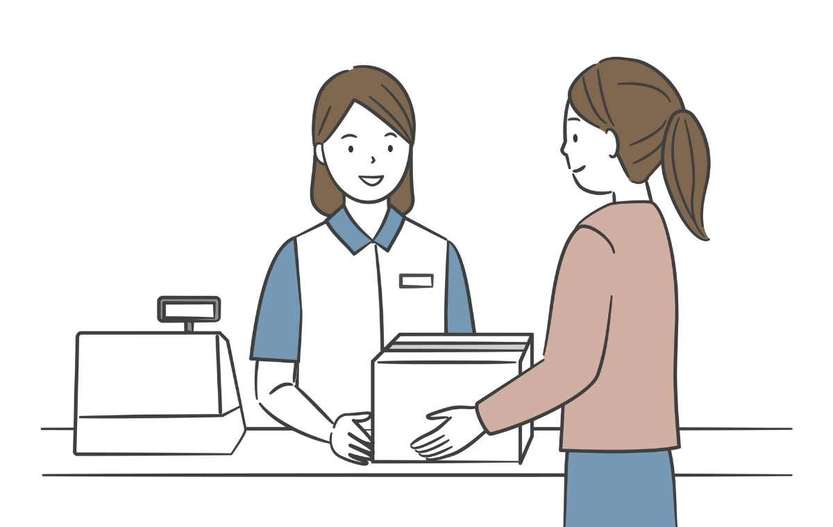 コンビニのレジで荷物をやり取りする店員と女性のイラスト