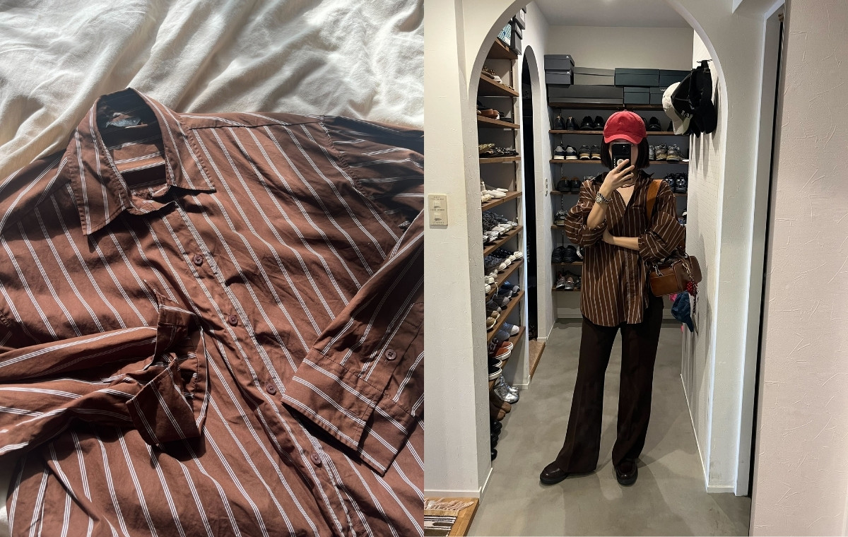 ストライプシャツの平置き写真と着用写真を並べた画像