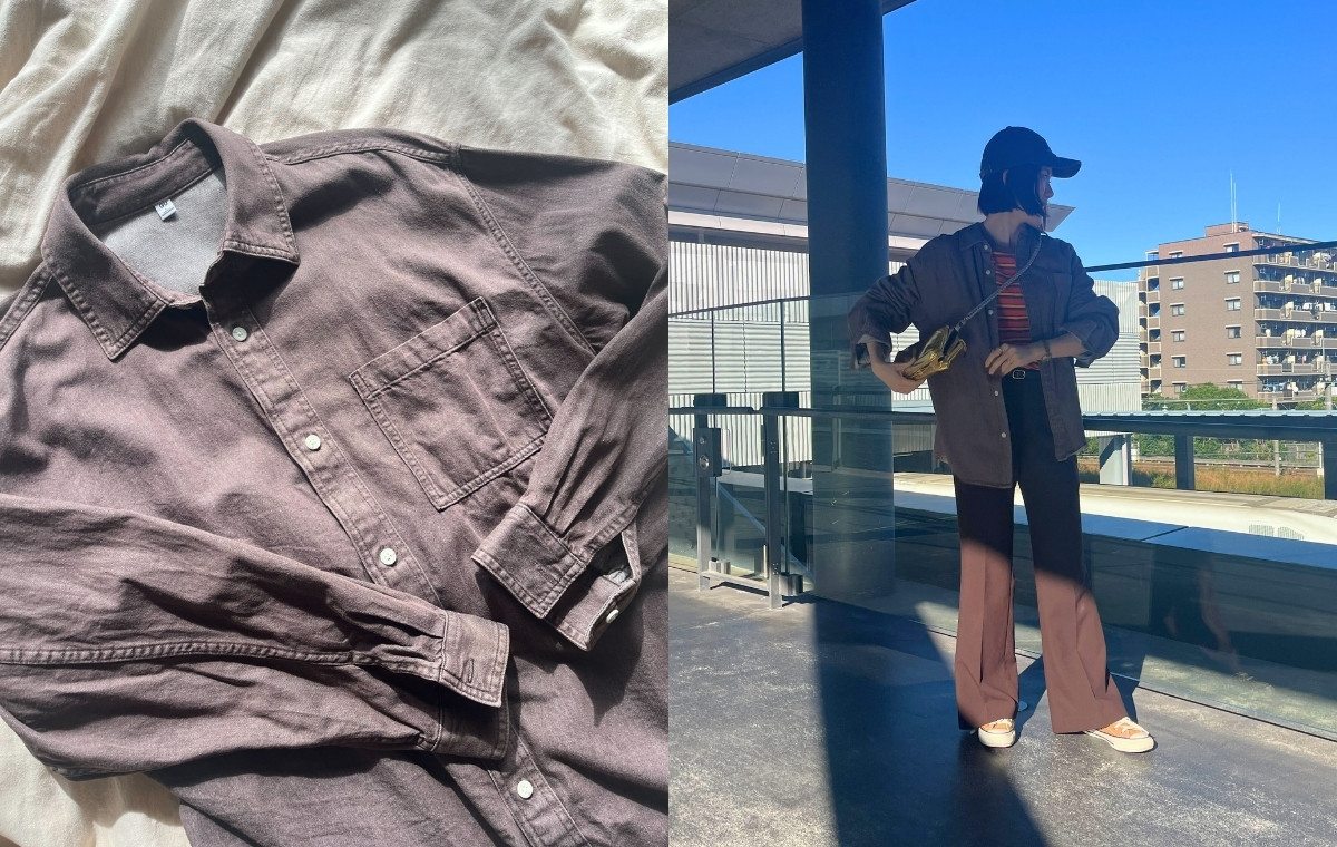 デニムシャツの平置き写真と着用写真を並べた画像