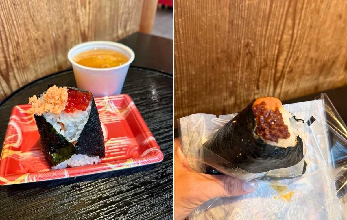 いくらとしゃけのおにぎりと味噌汁の写真、そぼろ明太のような具のおにぎりの写真を並べた画像