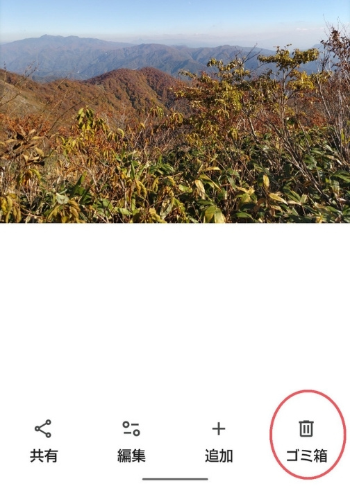 写真の右下にあるゴミ箱ボタンのスクリーンショット