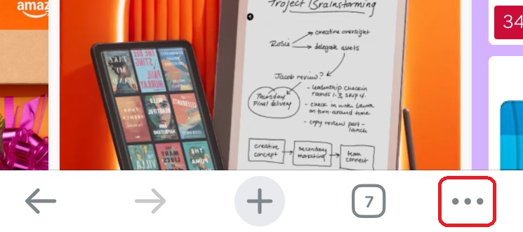 ChromeのAmazonスマホサイト。3点リーダ―を赤で囲んでいるスクリーンショット