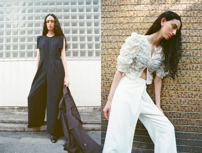 オールインワン、シャーリングトップス＋パンツ着用画像