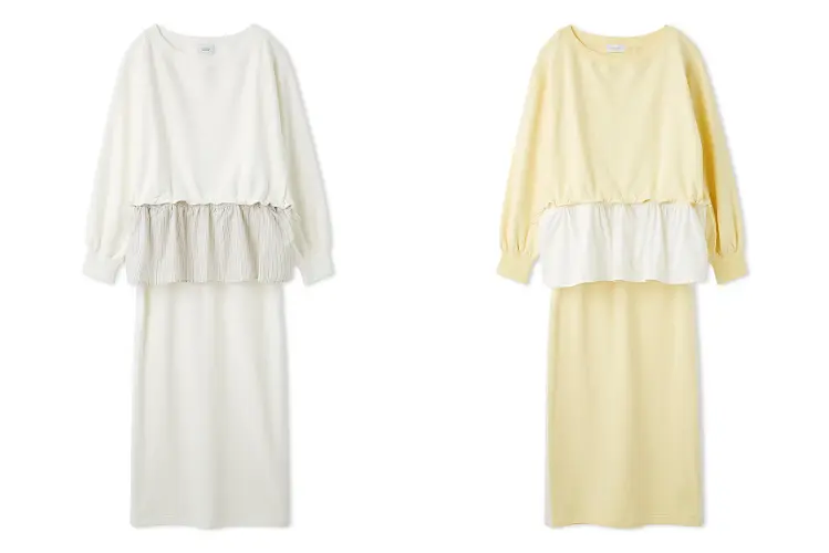 布帛ドッキング裏毛セットアップ ホワイト、イエロー