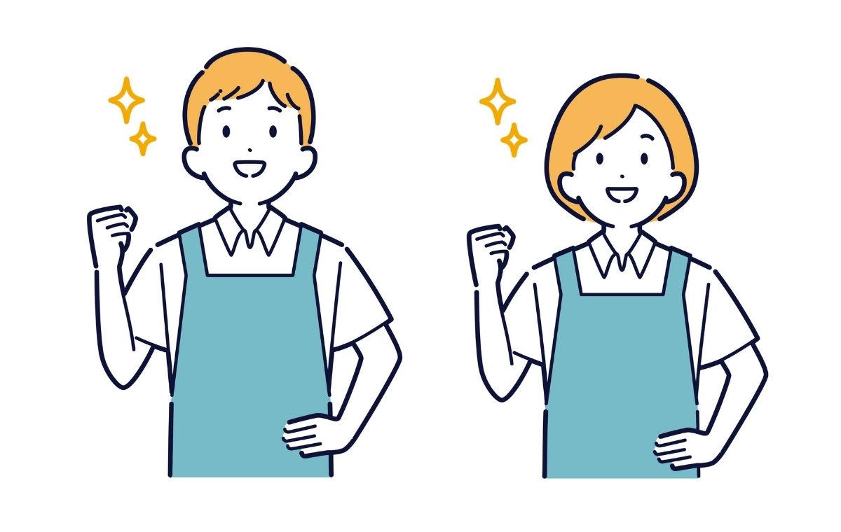 エプロン姿で頑張るポーズをとっている男女のイラスト