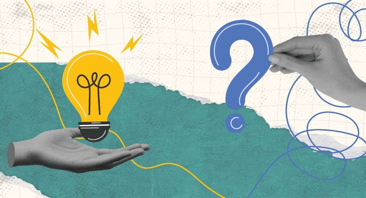 はてなマークと電球マークを持つ人の手のイメージ