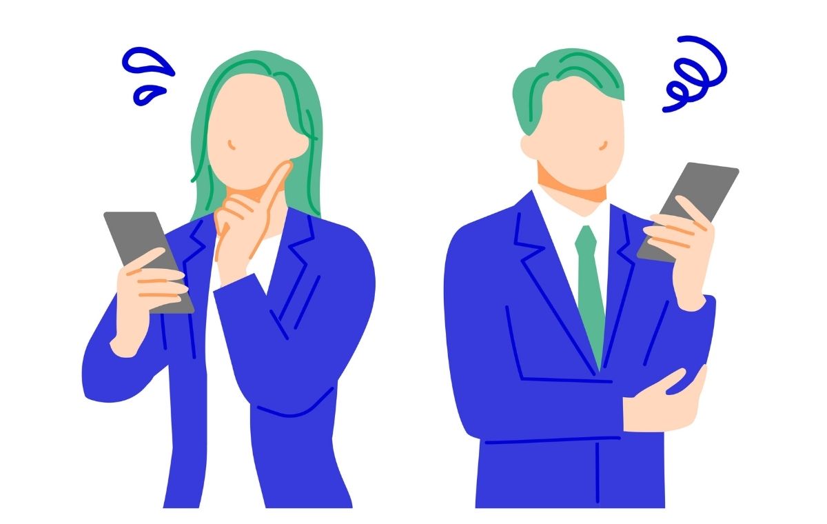 スマホを片手に困っている男女のビジネスパーソンのイラスト