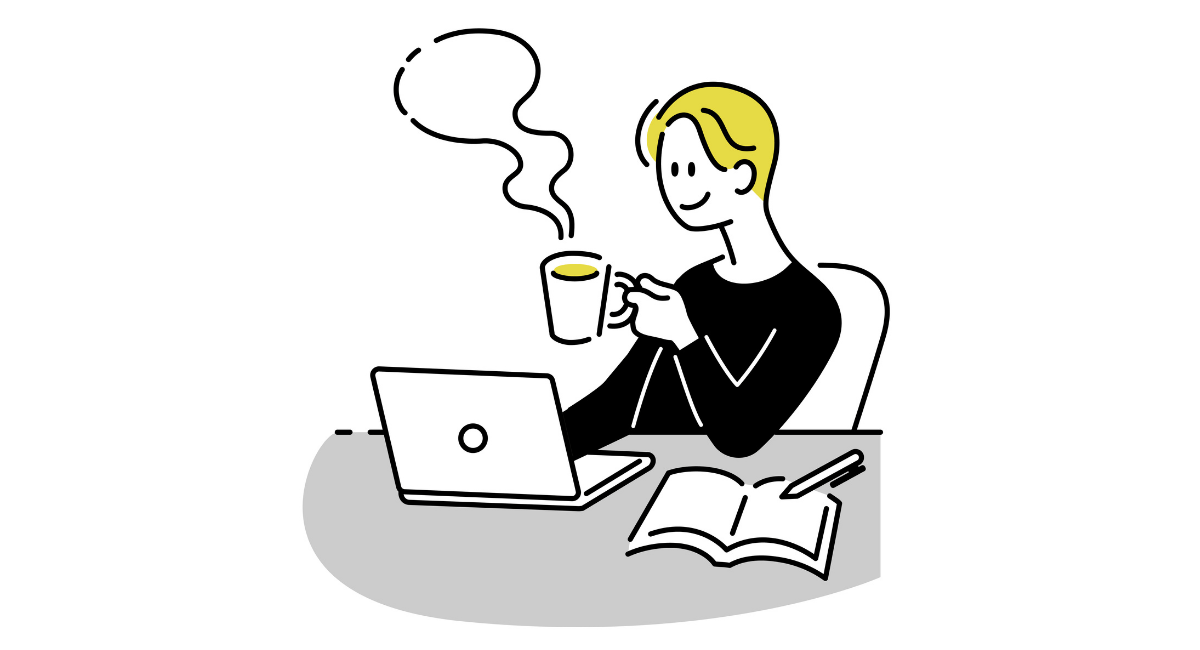 コーヒーを片手にノートパソコンで優雅に仕事する人のイラスト