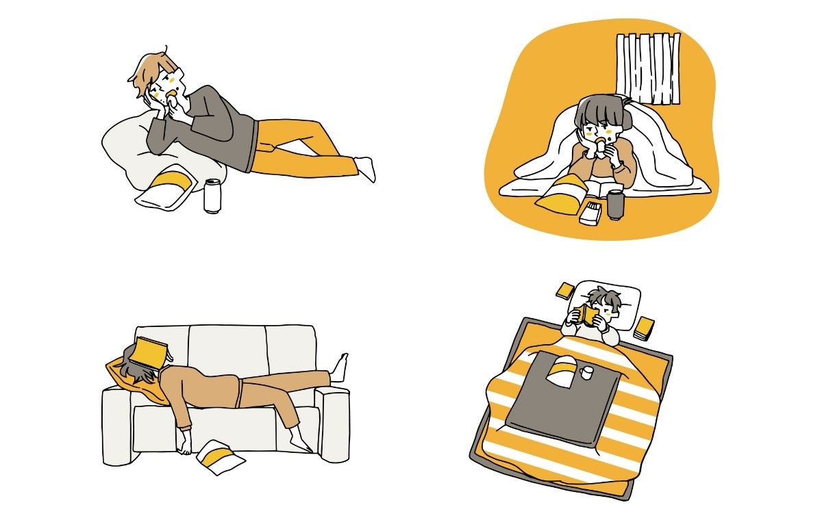 食べたり寝転がったりしてぐうたらする男女のイラスト