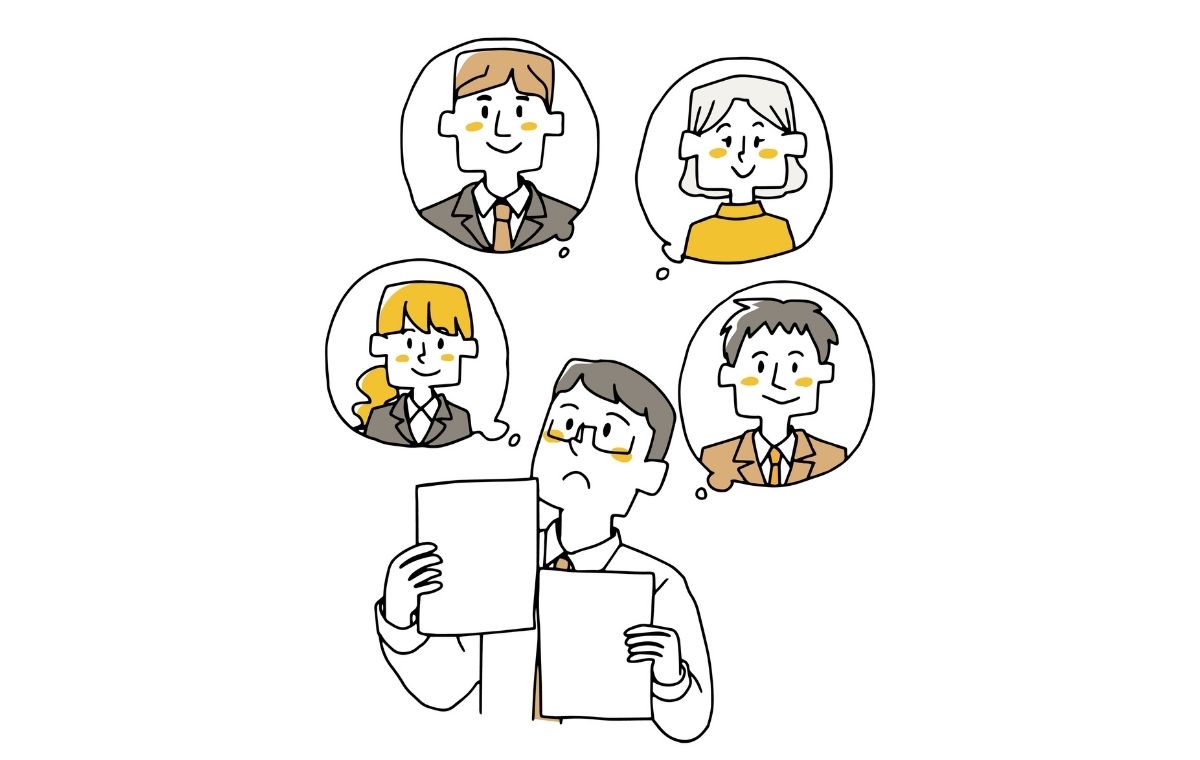書類を見ながら候補者の顔を思い浮かべて考える採用担当者のイラスト