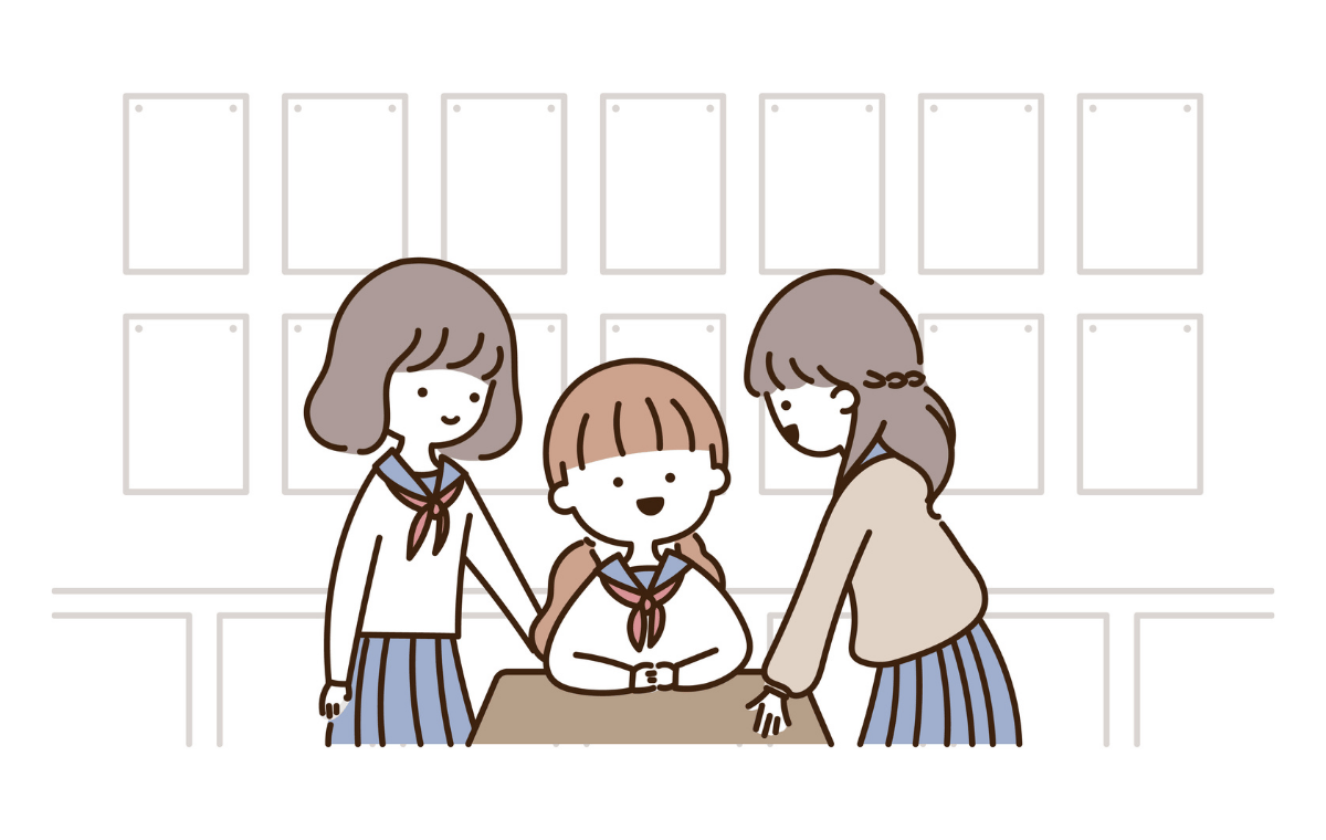 教室でおしゃべりを楽しむ女子3人のイラスト