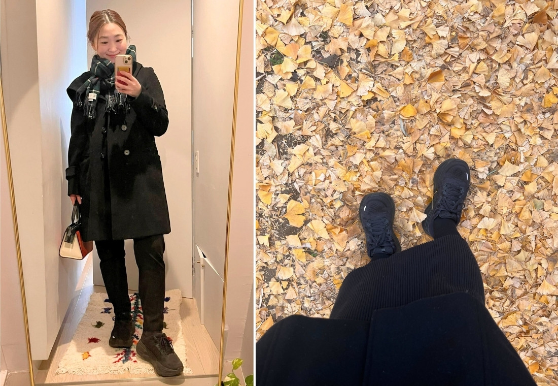 スニーカーを履いた足元と全身の写真を並べた画像