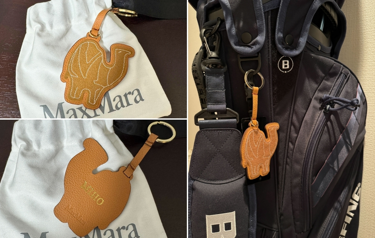 ノベルティのレザーキーホルダーの裏表の写真と、ゴルフバッグにつけている写真を並べた画像