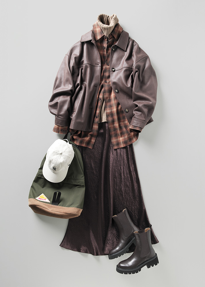 チェック柄シャツのブラウングラデーションコーデ