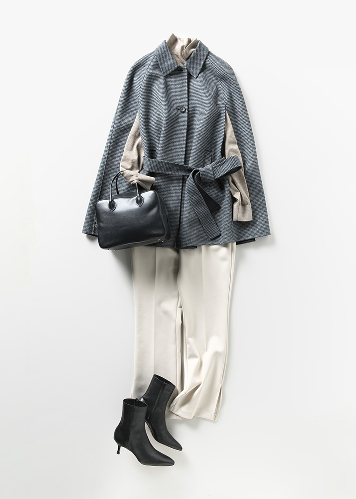 千鳥格子柄ポンチョコート×ニット×グレージュジャージーパンツ
