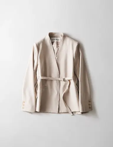 ツイルストレッチノーカラーベルトジャケット