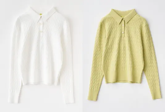 衿付きケーブルニットプルオーバー オフ、イエロー