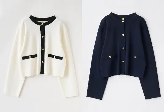 メタルボタンクルーネックニットカーディガン オフ、ネイビー