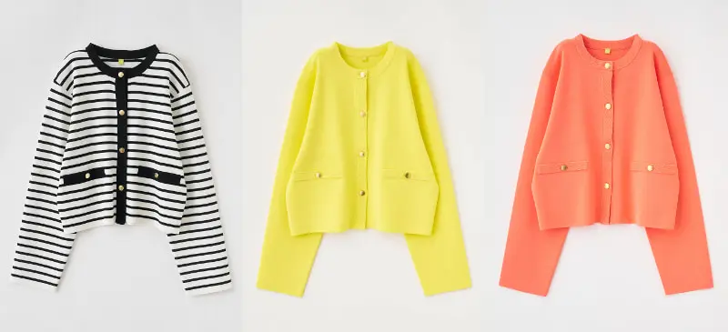 メタルボタンクルーネックニットカーディガン ボーダー、イエロー、サーモンピンク