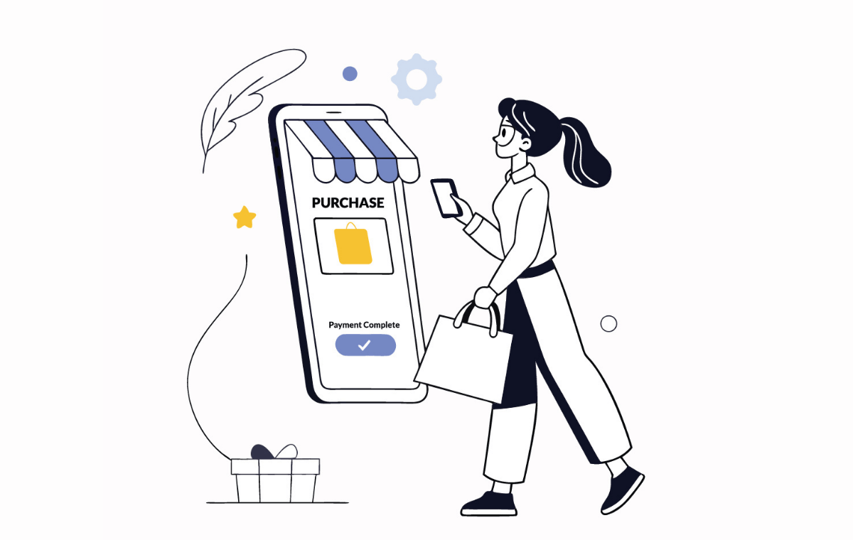 スマホでショッピングを楽しむ女性のイメージイラスト