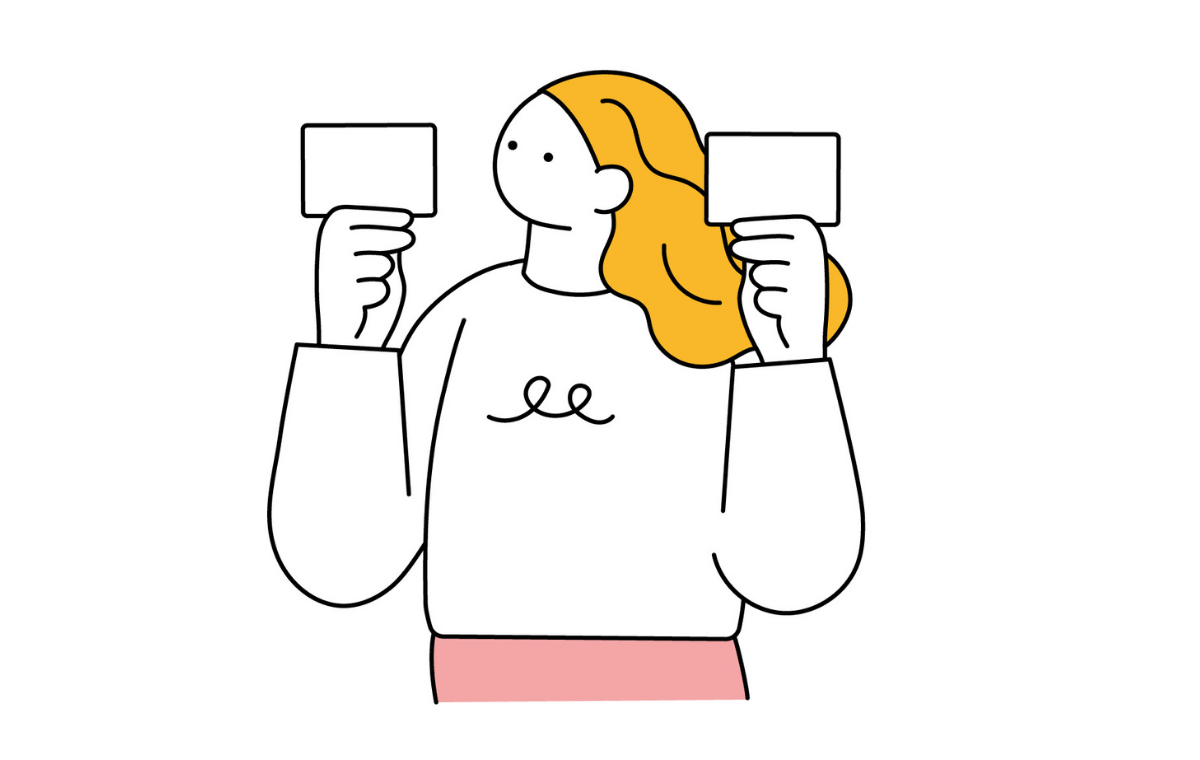 カードを見比べる女性のイラスト