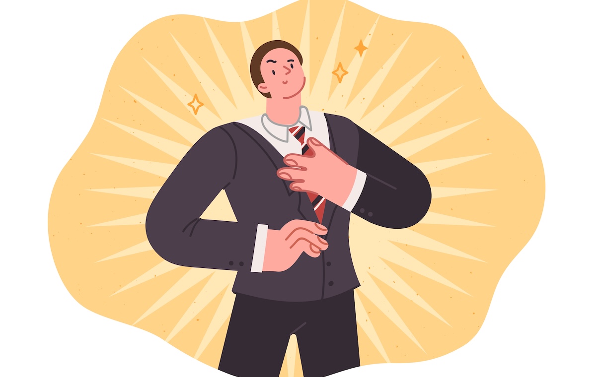 自信満々に胸に手を当てているビジネスパーソンのイラスト