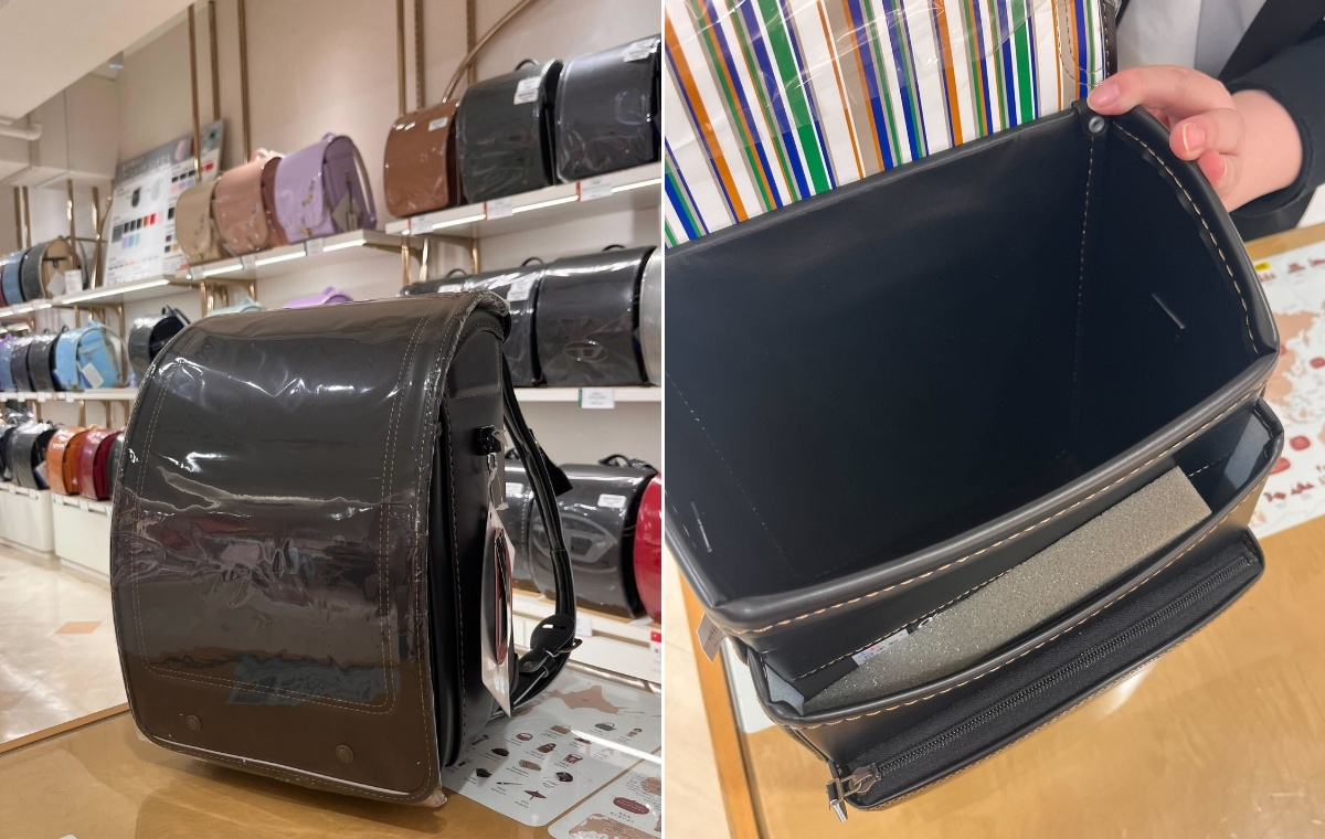 黒いランドセルの写真とランドセルの中身の写真を並べた画像