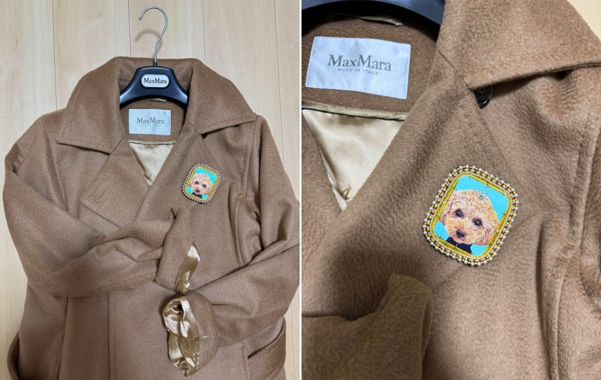 ブローチをつけたコートの写真。引きとアップの2枚を並べた画像