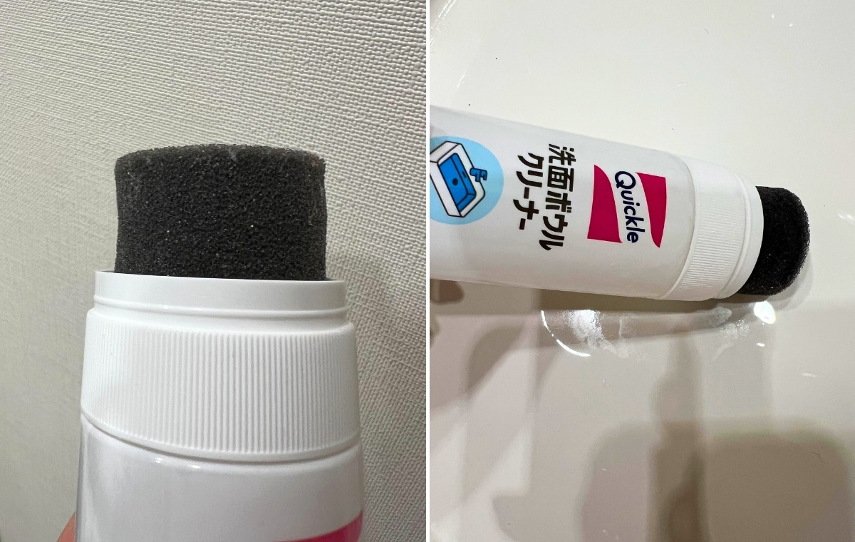 蓋を外したスポンジ部分のアップ写真とクリーナーを洗面ボウルにあてている写真を並べた画像