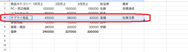 セルを選択しているスクリーンショット