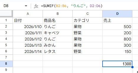 合計が表示されているスクリーンショット