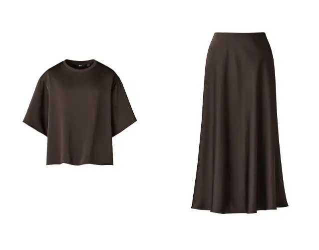 サテンオーバーサイズショートブラウス/5分袖、サテンロングスカート